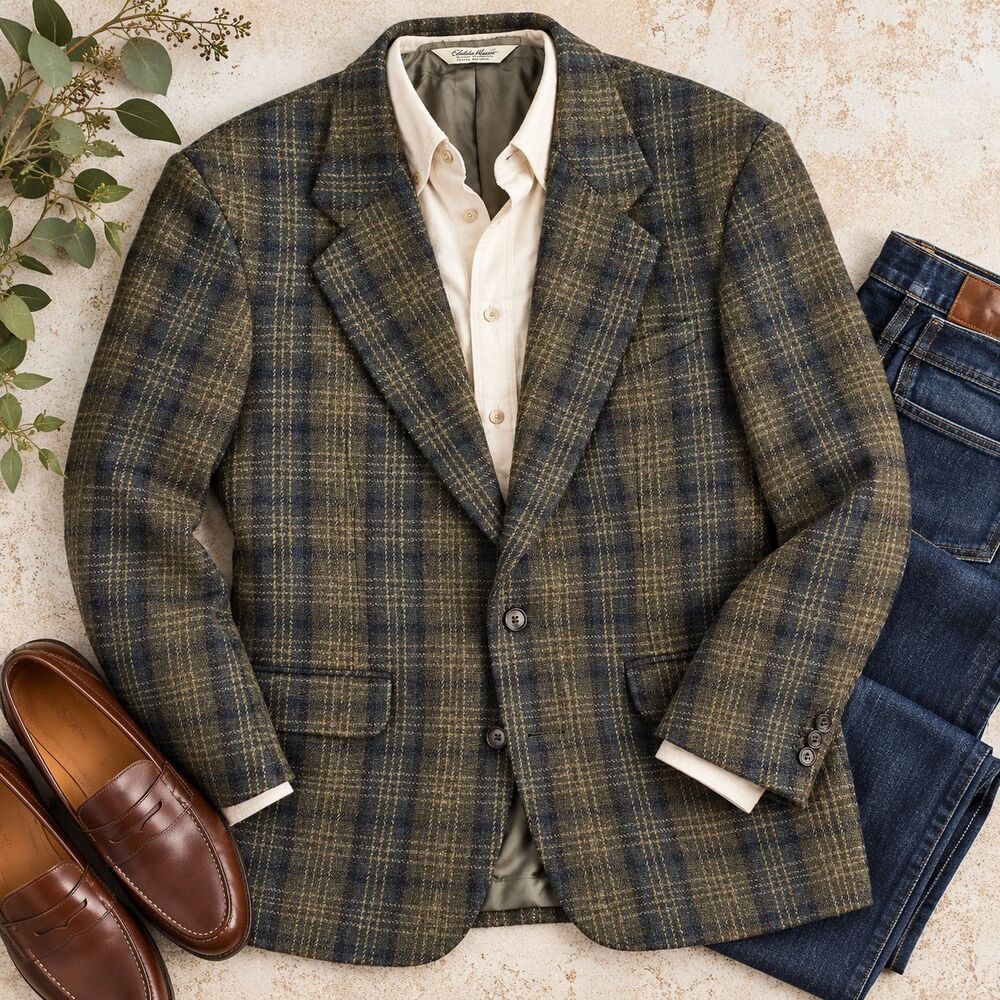 Eddie Bauer Men's 40R Wool Lambswool Plaid Tweed Blazer Sport Coat Olive Blue